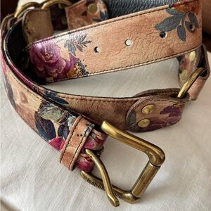 Vintage Isabella Fiore Floral Leather Belt – Pink & tan with brass Buckle